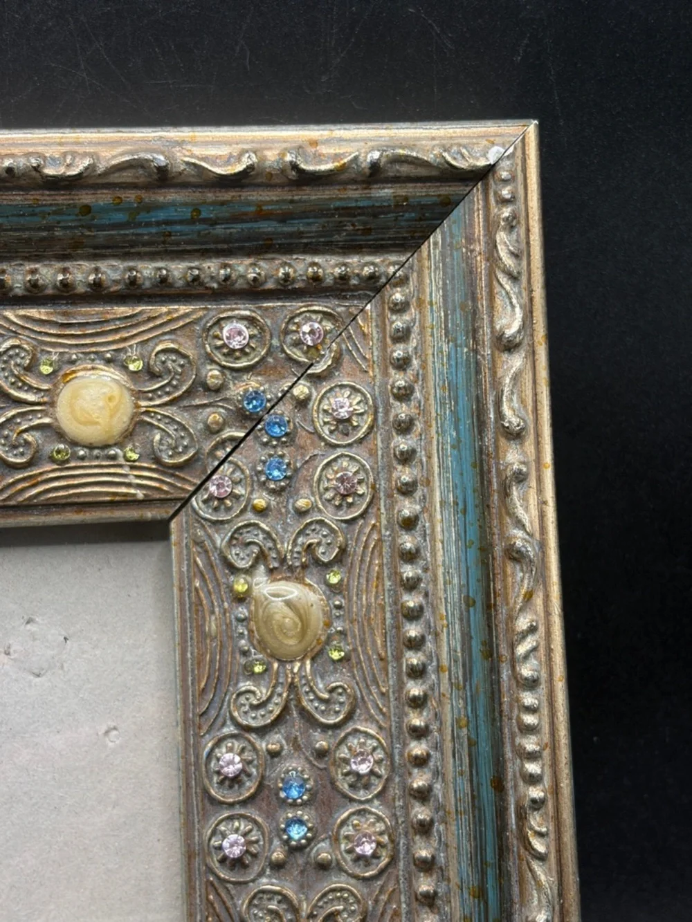 Vintage Bejeweled Crystal Enamel Gilt Wood Ornate Picture Frame Photo Display